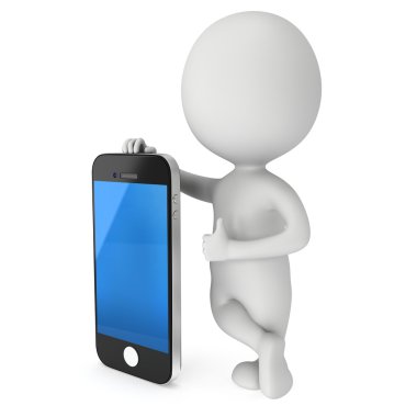 3D beyaz adam ile smartphone.