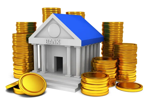 Bank building with gold coins — Stock Photo, Image