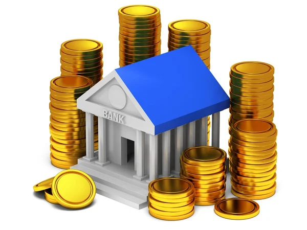 Bank building with gold coins — Stock Photo, Image