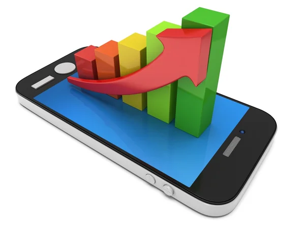 Gráfico de barras coloridas com seta vermelha no smartphone — Fotografia de Stock