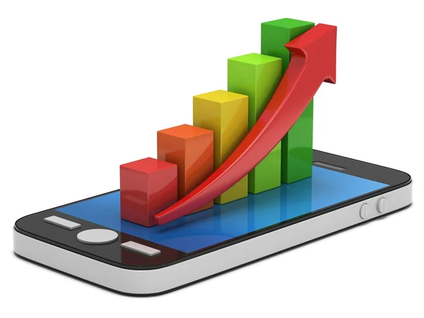 Smartphone cep telefonu ile kırmızı ok ile renkli çubuk grafik — Stok fotoğraf