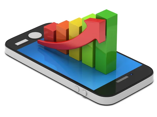 Gráfico de barras de colores con flecha roja en el teléfono inteligente —  Fotos de Stock