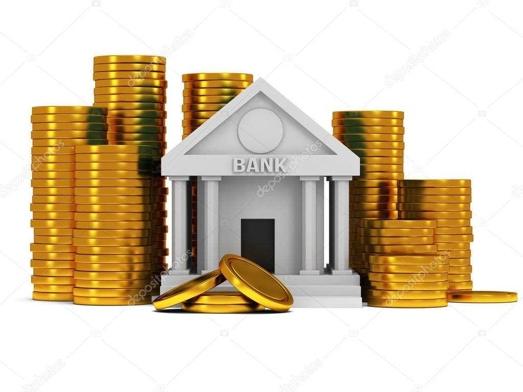 Bank building with gold coins