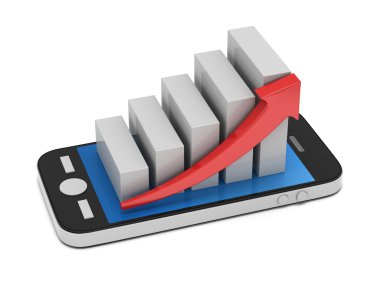 smartphone cep telefonu ile kırmızı ok ile beyaz çubuk grafiği