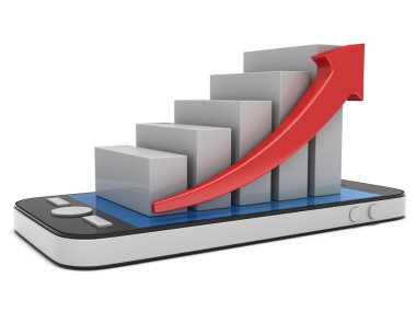 smartphone cep telefonu ile kırmızı ok ile beyaz çubuk grafiği