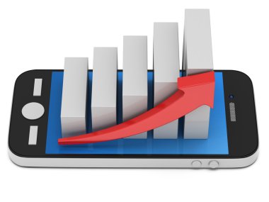 smartphone cep telefonu ile kırmızı ok ile beyaz çubuk grafiği