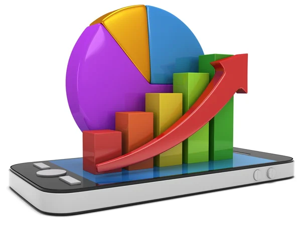 Staafdiagram met rode pijl en cirkeldiagram op smartphone — Stockfoto