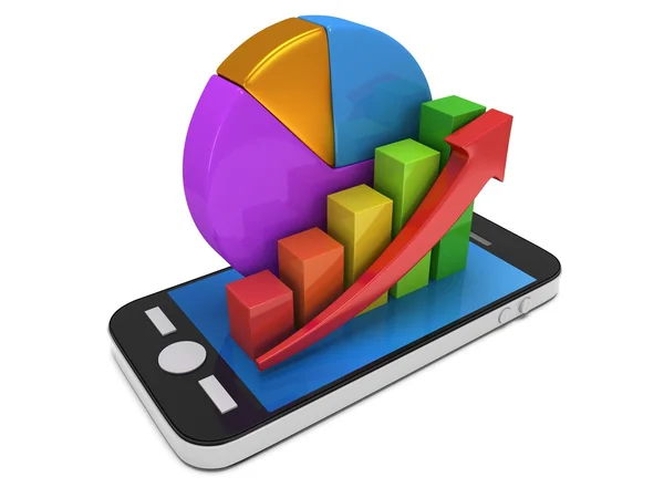 Gráfico de barras com seta vermelha e gráfico de pizza no smartphone — Fotografia de Stock