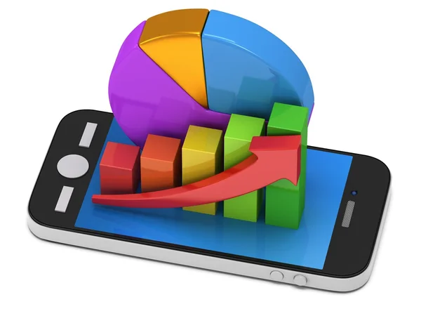 Balkendiagramm mit rotem Pfeil und Tortendiagramm auf dem Smartphone — Stockfoto