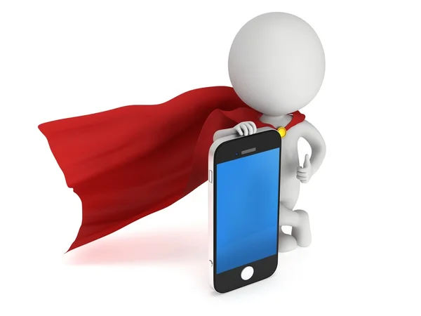 3d superhero with smartphone. — Stock Photo, Image