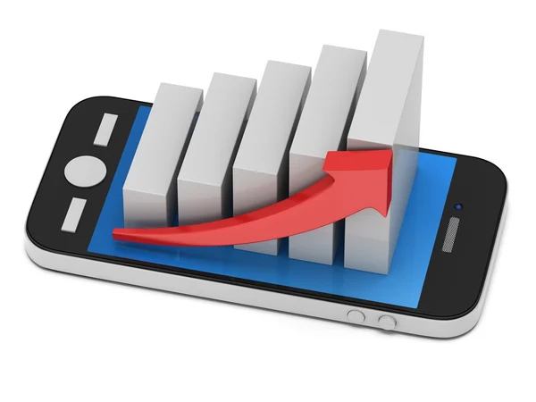 Gráfico de barras brancas com seta vermelha no smartphone — Fotografia de Stock