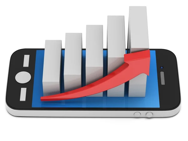 Gráfico de barra blanca con flecha roja en smartphone —  Fotos de Stock