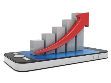 3d white bar graph with red arrow on smartphone