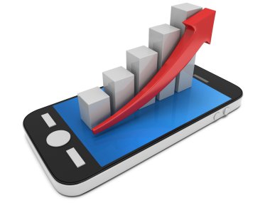 3d white bar graph with red arrow on smartphone