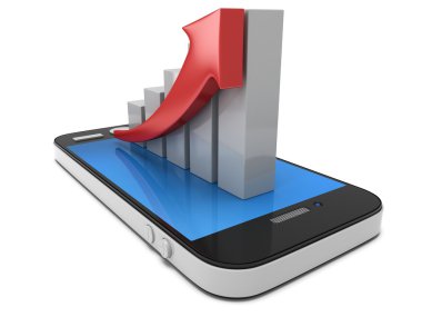 3d white bar graph with red arrow on smartphone