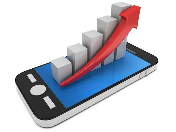 3D weißer Balkendiagramm mit rotem Pfeil auf dem Smartphone — Stockfoto