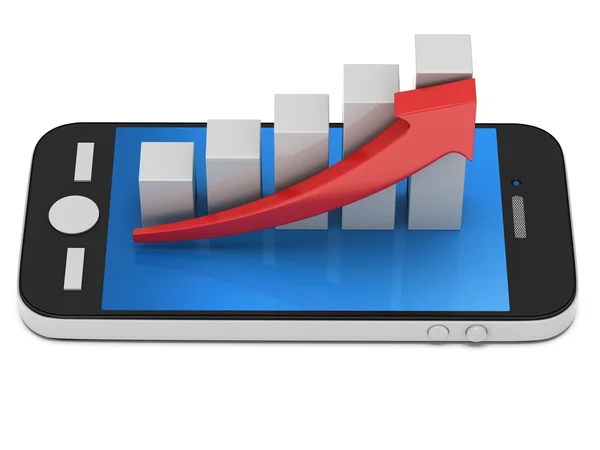 3d gráfico de barras blancas con flecha roja en el teléfono inteligente —  Fotos de Stock