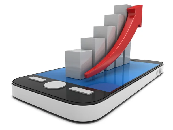 3d gráfico de barras blancas con flecha roja en el teléfono inteligente —  Fotos de Stock
