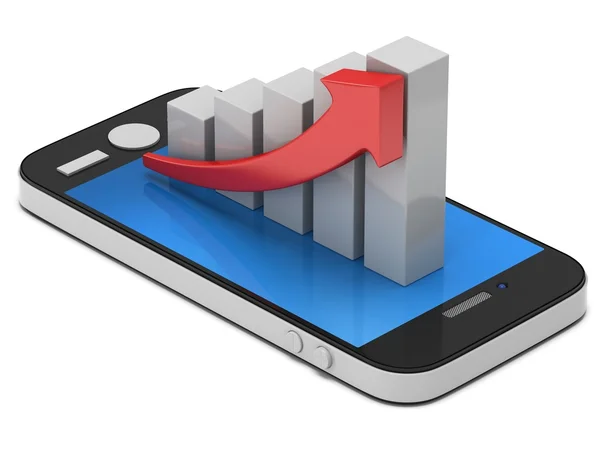 3d gráfico de barras brancas com seta vermelha no smartphone — Fotografia de Stock