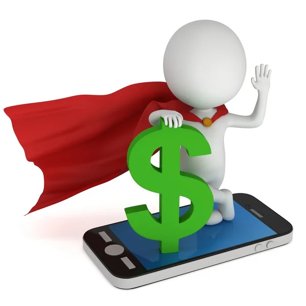 Superhrdina s dolarem na smartphone — Stock fotografie