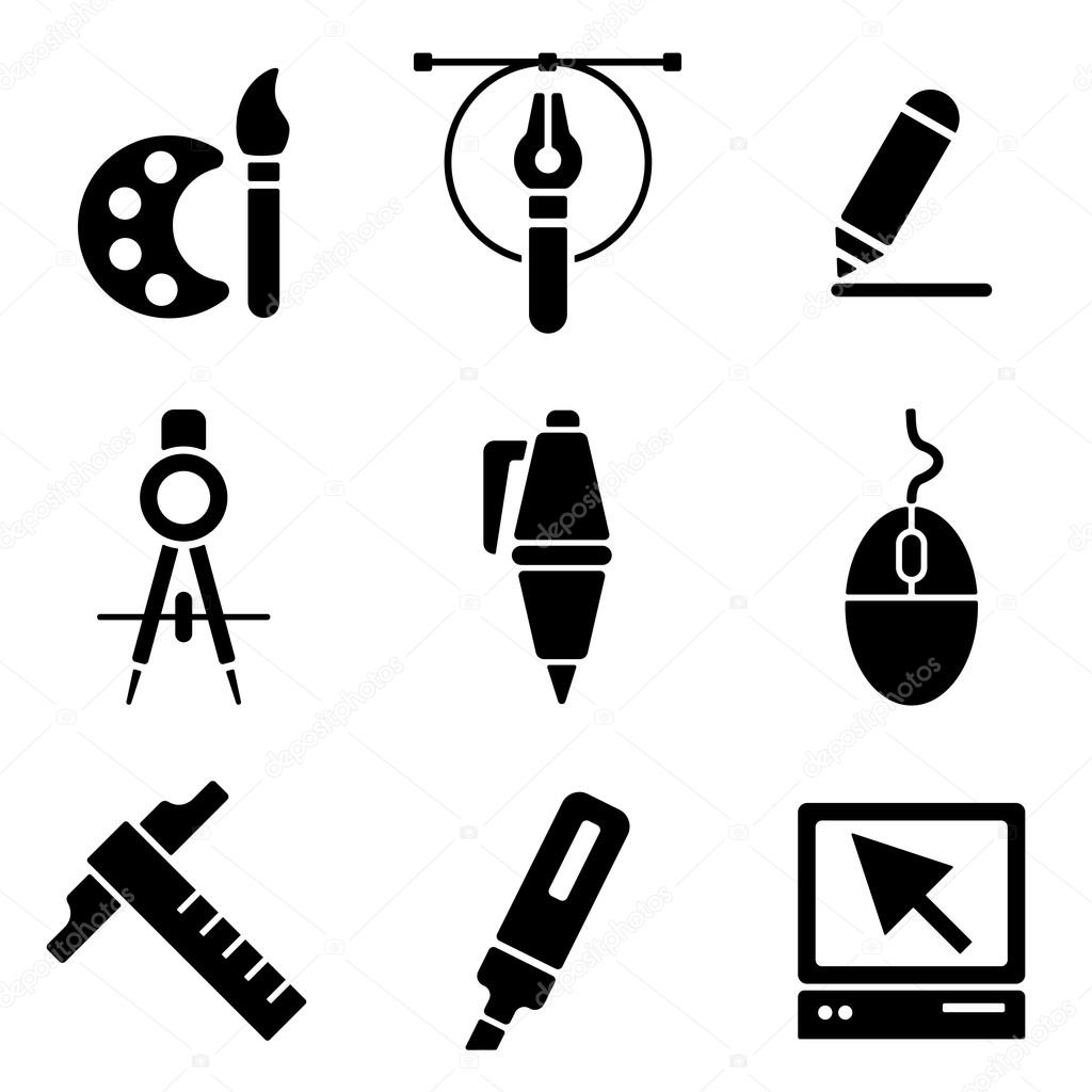 Drawing tools web and mobile logo icons collection isolated on white back. Vector symbols of education, learning, drawing and painting