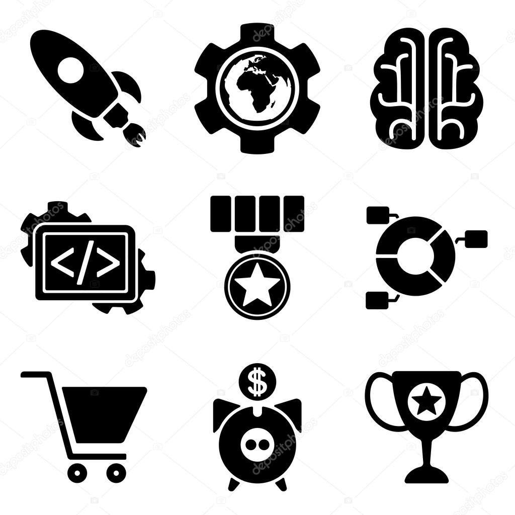SEO web and mobile logo icons collection isolated on white back. Vector symbols of rocket, globe, profit etc