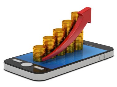 Smartphone üzerindeki çubuk grafikte altın paralar