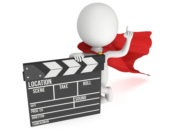 3D superhero with cinema clapperboard — Stock Photo, Image