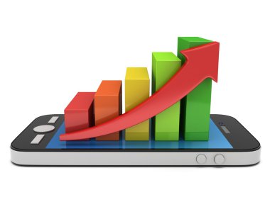 smartphone cep telefonu ile kırmızı ok ile 3D renkli çubuk grafik