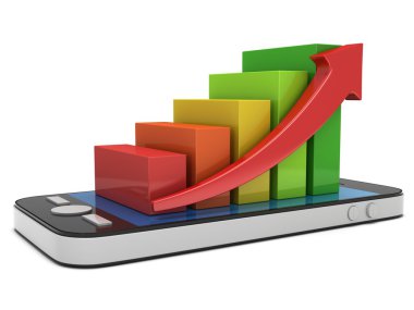 smartphone cep telefonu ile kırmızı ok ile 3D renkli çubuk grafik