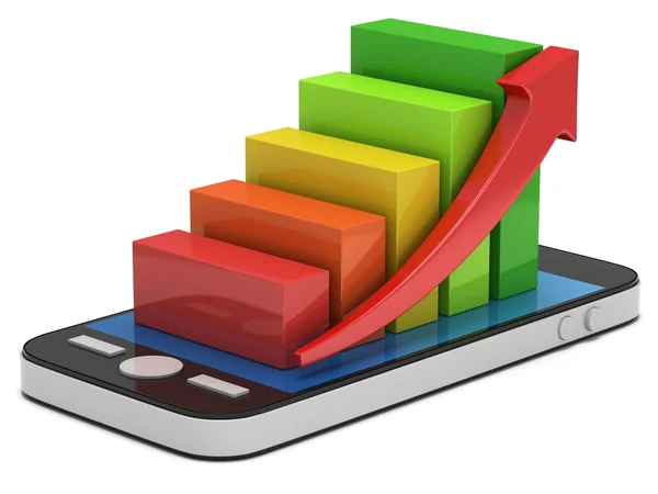 Gráfico de barras de color 3d con flecha roja en el teléfono inteligente —  Fotos de Stock
