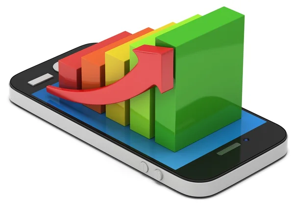 Gráfico de barras coloridas 3d com seta vermelha no smartphone — Fotografia de Stock
