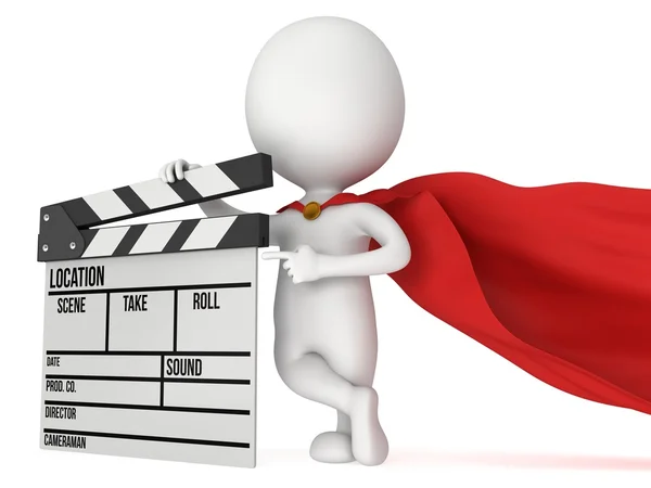 3D superhero with cinema clapperboard — Stock Photo, Image