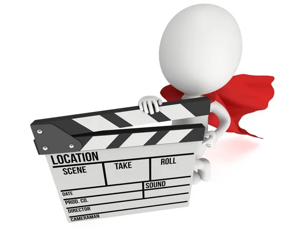 3D superhero with cinema clapperboard — Stock Photo, Image