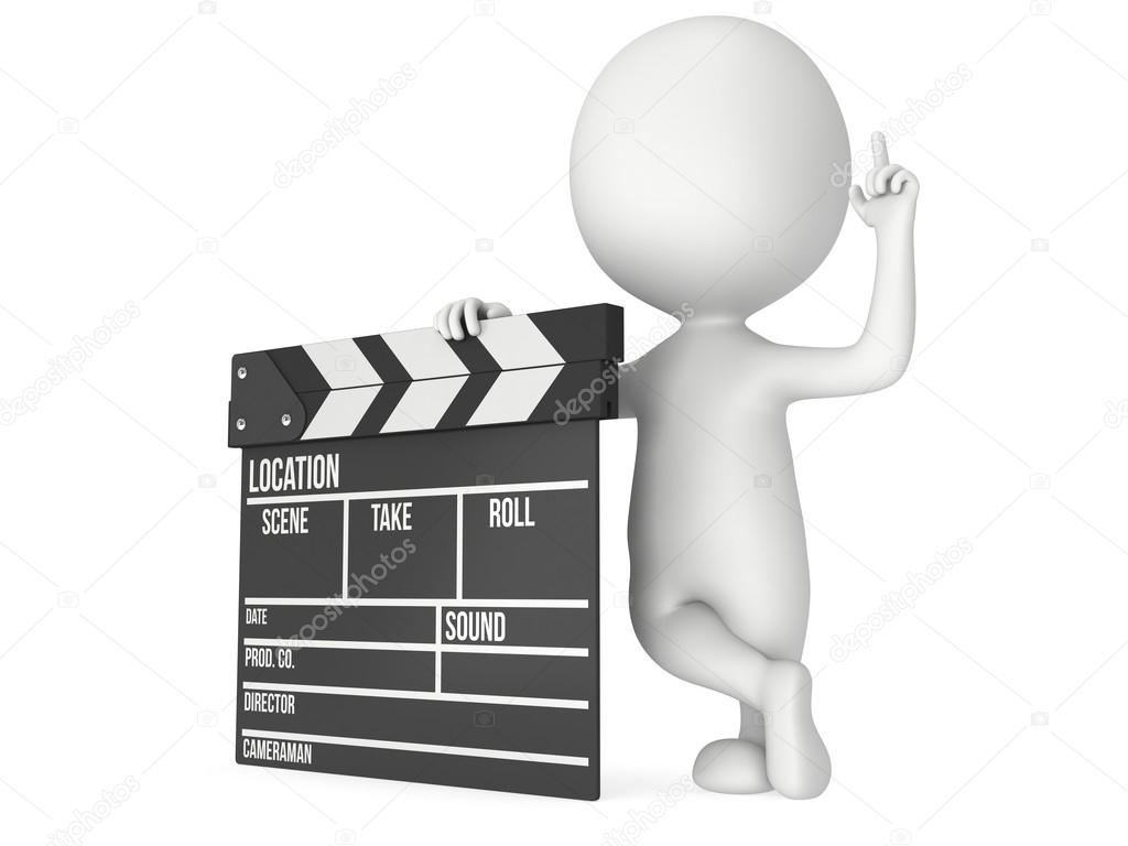 3D man with cinema clapperboard