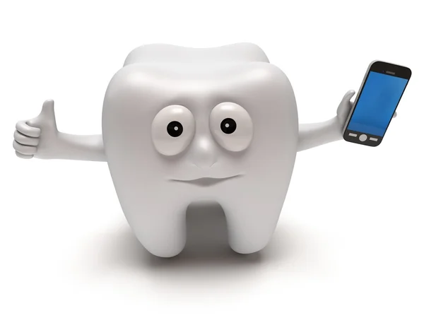 Happy tooth with smartphone. — Stock Photo, Image