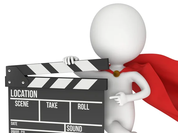 3D υπερήρωα με clapperboard κινηματογράφος — Φωτογραφία Αρχείου