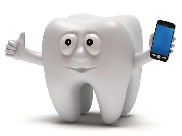 Happy tooth with smartphone. — Stock Photo, Image