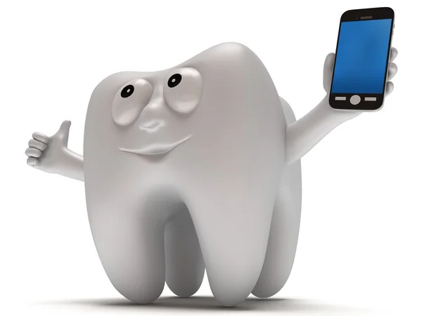 Happy tooth with smartphone. — Stock Photo, Image