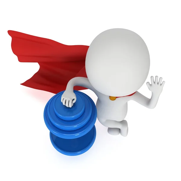 3d superhero presenting red dumbbell — Stock Photo, Image