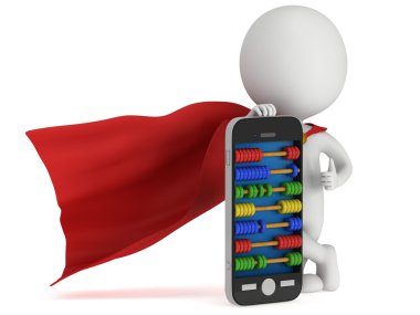 Superhero near smartphone with abacus clipart