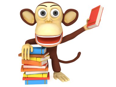kitap yığını ile 3D sevimli maymun