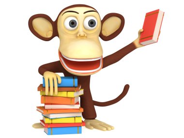 kitap yığını ile 3D sevimli maymun