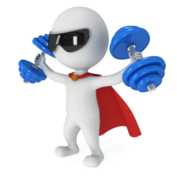 3d superhero with bue dumbbells — Stock Photo, Image