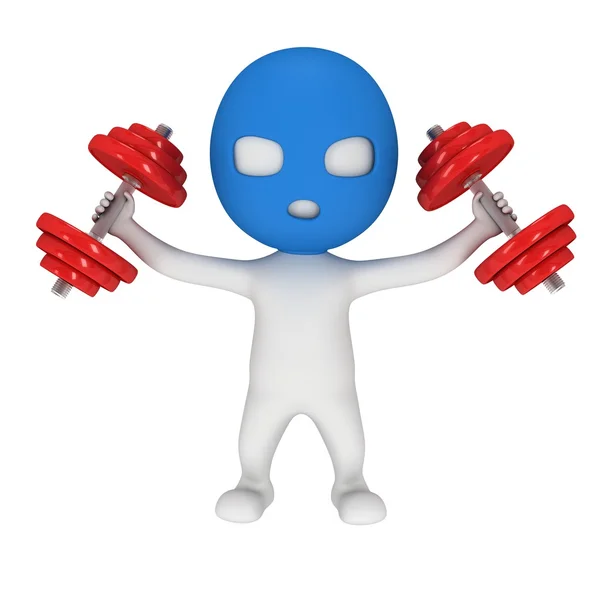 3d Man in mask with red dumbbell — Stock Photo, Image
