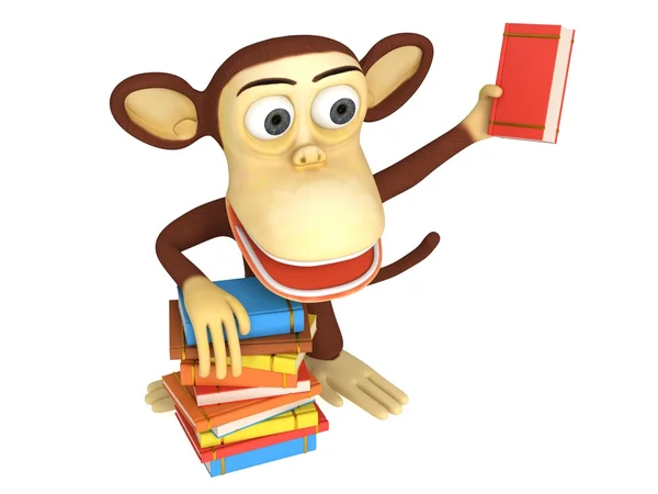 3D roztomilý opice s Stoh knih — Stock fotografie