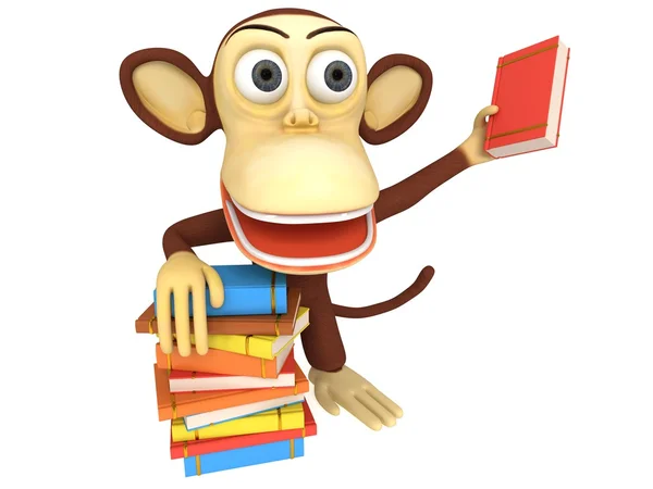 3D roztomilý opice s Stoh knih — Stock fotografie