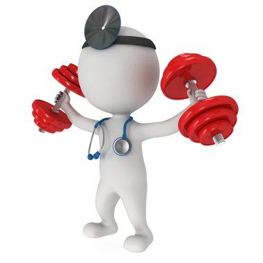 3d doctor with stethoscope and red dumbbells