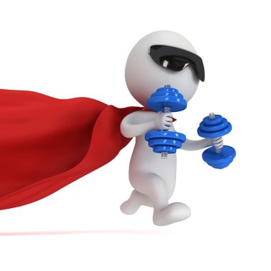 Brave superhero run with dumbbells