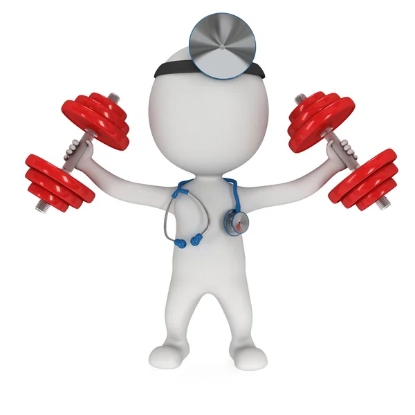 3d doctor with stethoscope and red dumbbells — Stock Fotó